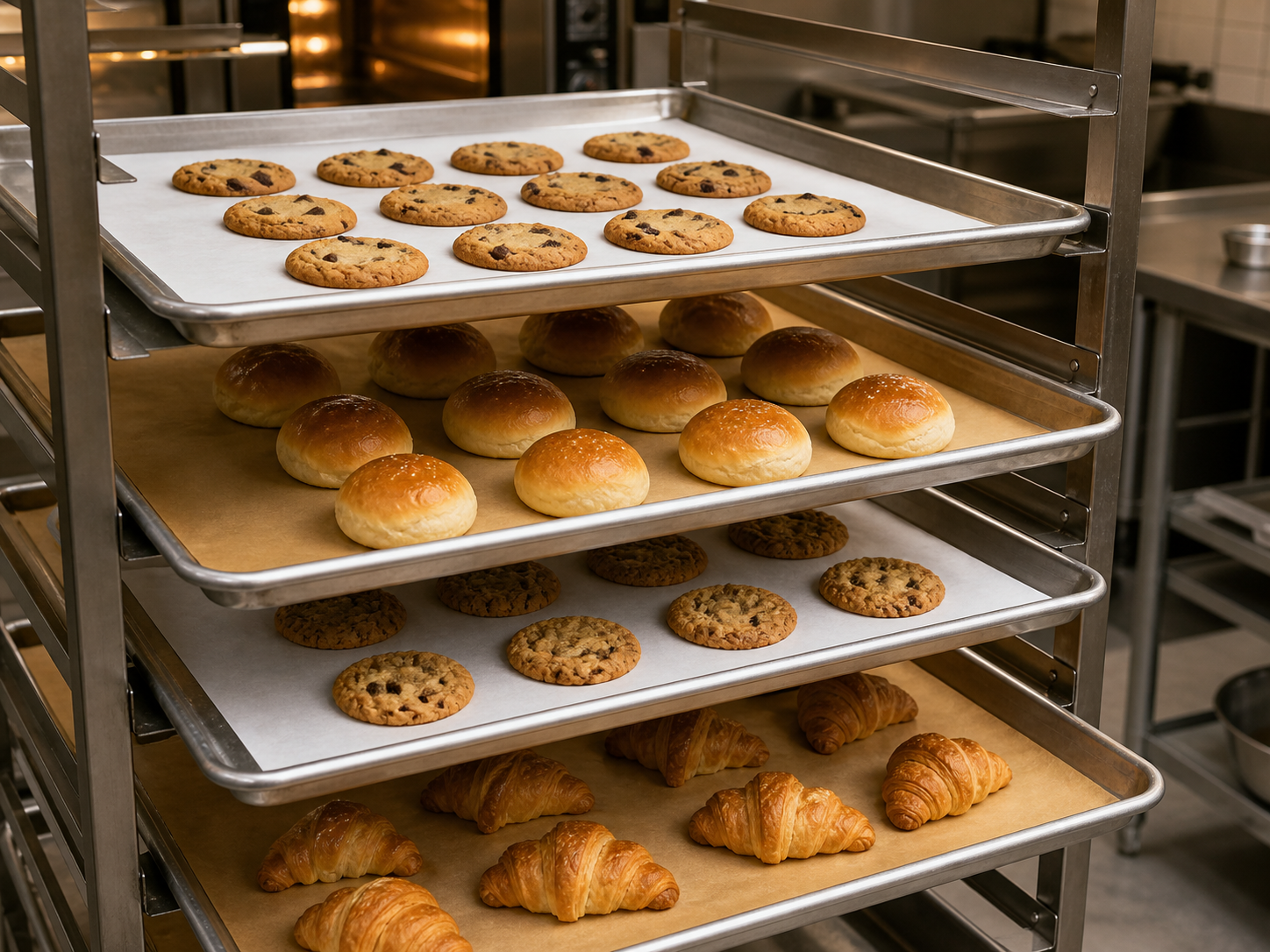 Commercial bakery rack with baked goods on bleached and natural pan liner sheets