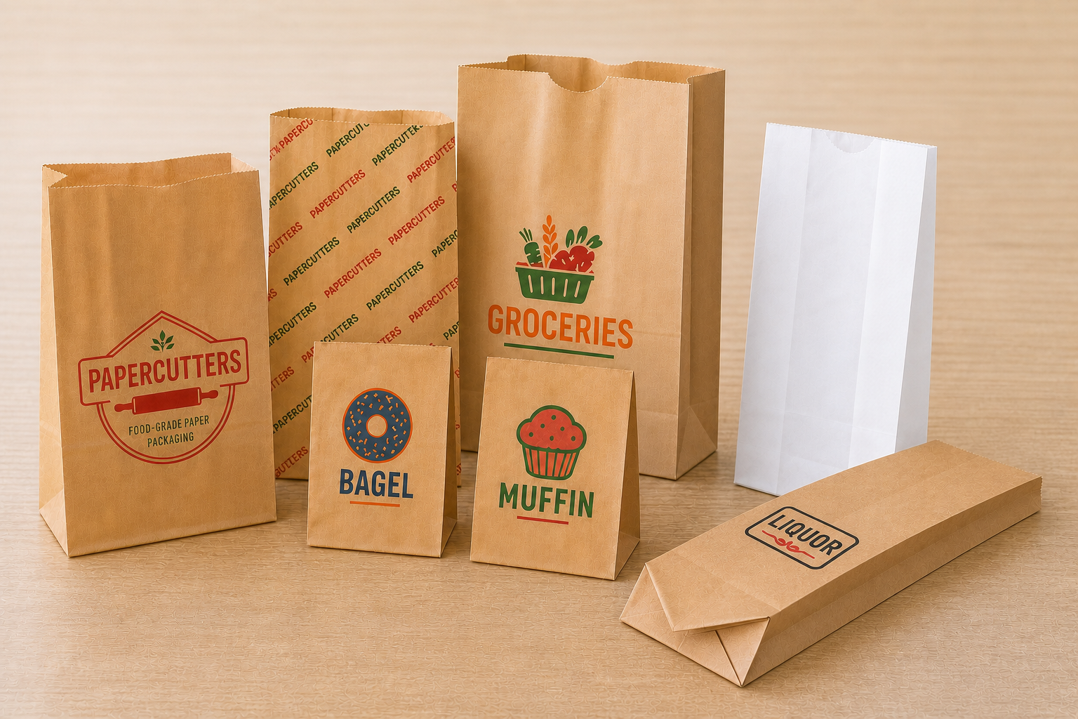 Natural kraft and white paper bags including grocery and pinch-bottom liquor bag examples