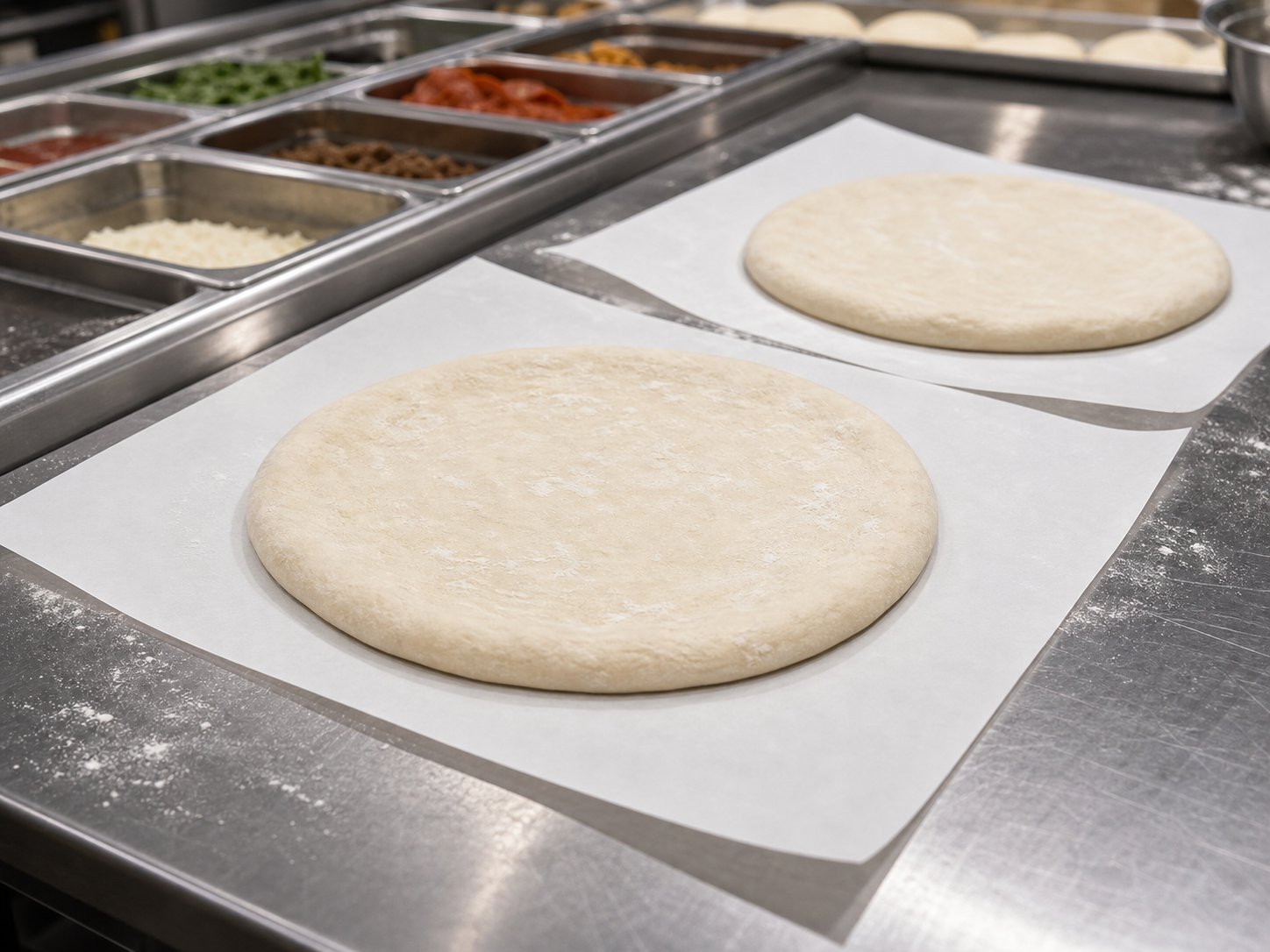 Pizza dough on white silicone coated baking paper